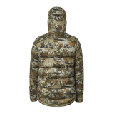 Spika Terra men's puffer jacket in Biarri Camo, back view with hood and orange shoulder logo