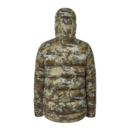 Spika Terra men's puffer jacket in Biarri Camo, back view with hood and orange shoulder logo