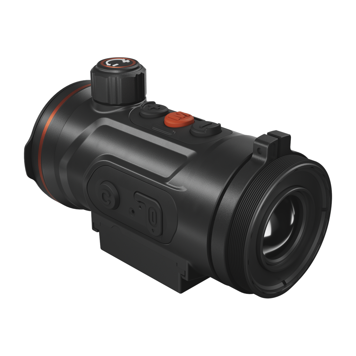 ThermTec Hunt Pro 650 thermal clip-on, rear three-quarter view of adaptor thread and side buttons