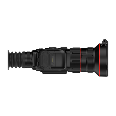 ThermTec Vidar 660 2.0 thermal compact scope, left side profile with battery compartment contacts exposed