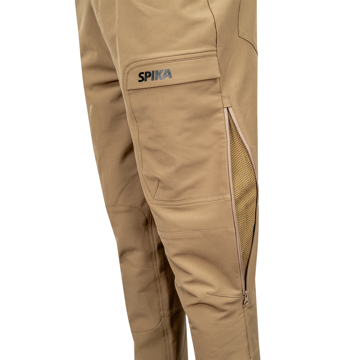 Spika Recon men's pants in Khaki, angled close-up of cargo pocket logo and open leg vent zip