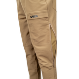 Spika Recon men's pants in Khaki, angled close-up of cargo pocket logo and open leg vent zip