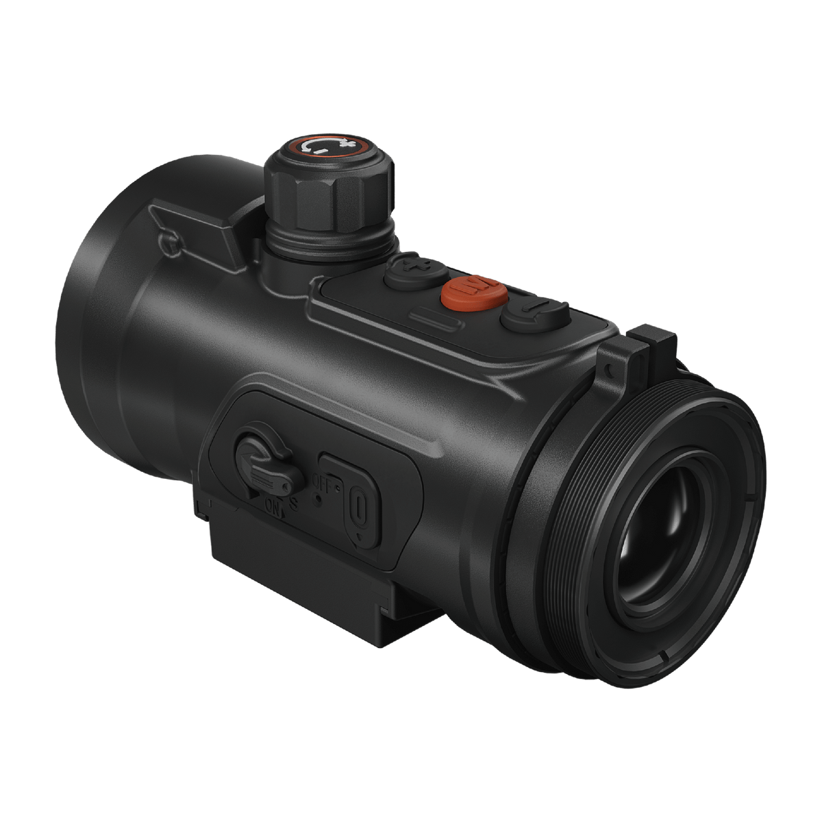 ThermTec Hunt Pro 635L thermal clip-on, rear three-quarter view of threaded adapter ring and power switch