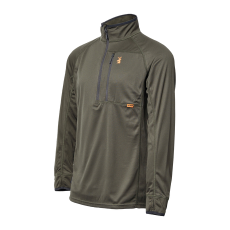 Spika Guide men's lightweight half-zip top in Olive, three-quarter view with zip chest pocket