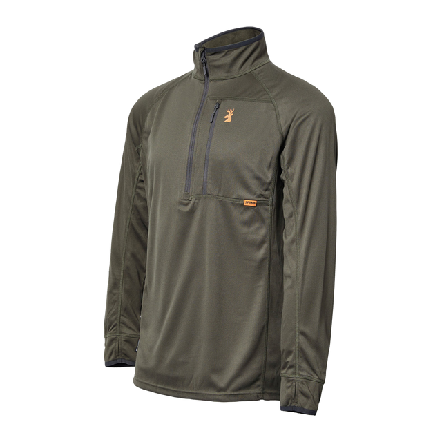 Spika Guide men's lightweight half-zip top in Olive, three-quarter view with zip chest pocket