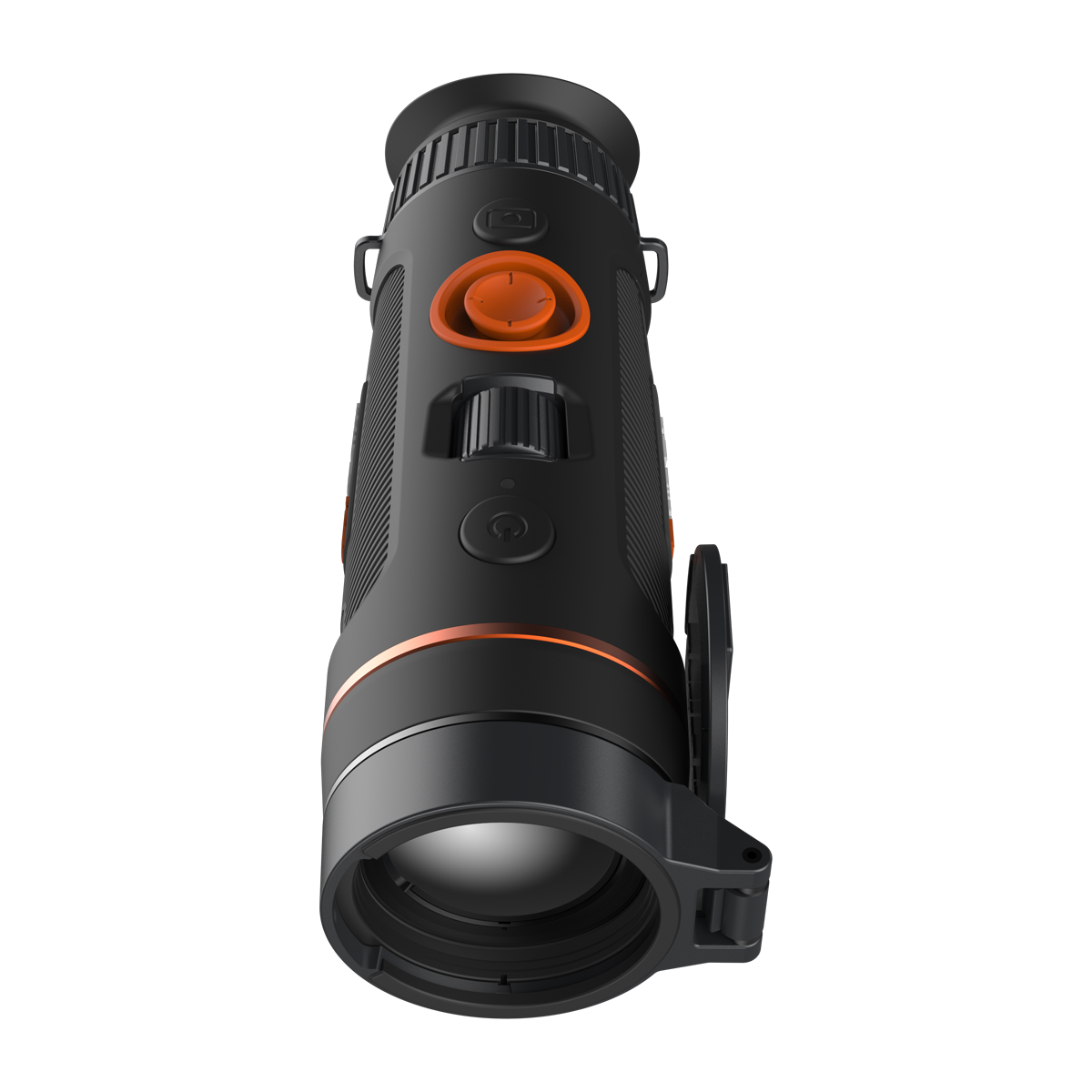 ThermTec Wild 635 thermal monocular, top view from the eyepiece with lens cap open over the lens