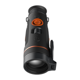 ThermTec Wild 635 thermal monocular, top view from the eyepiece with lens cap open over the lens