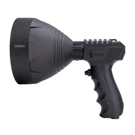 Spika Trigger Light 3000 lumen spotlight, side profile with 3000lm marked on the head and pistol grip