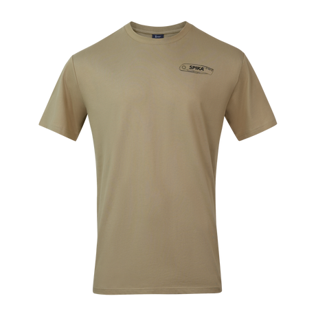 Spika Mission men's T-shirt in Khaki, front view with small Spika folding-knife logo on the chest