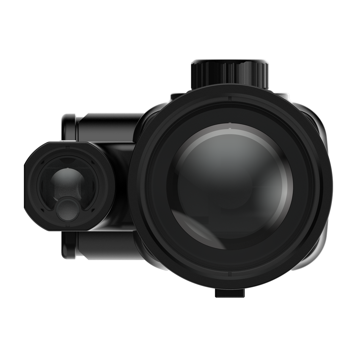 ThermTec Vidar-LRF 650L 2.0 thermal compact scope, front end-on view of large lens and rangefinder