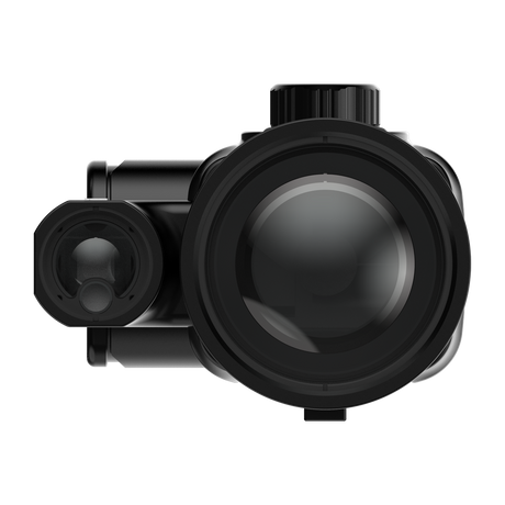 ThermTec Vidar-LRF 650L 2.0 thermal compact scope, front end-on view of large lens and rangefinder