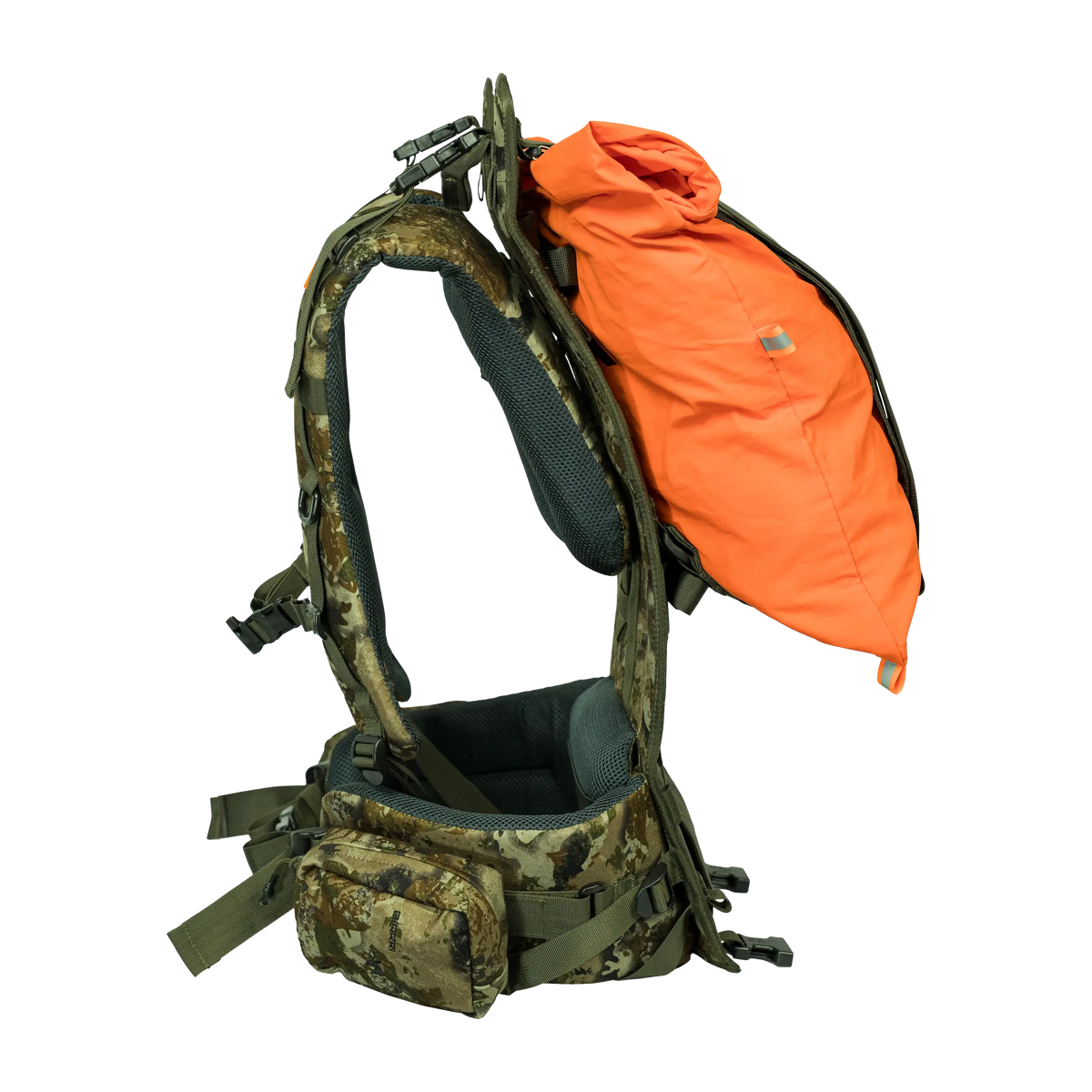Spika Drover II Hauler frame in Biarri Camo, side view with an orange load bag held between frame and harness