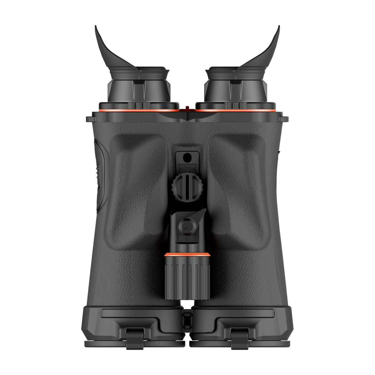 ThermTec Ventus 335L multi-spectrum binoculars, underside view of tripod mount and battery compartment