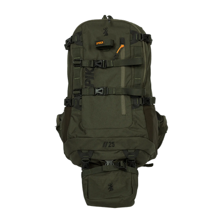 Spika Drover II Pro Pack 25L in Olive Summit, front view with lower pouch attached and II/25 marking