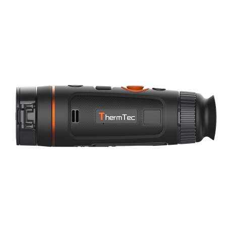ThermTec Wild 335 thermal monocular, side profile showing the ThermTec logo and lens end
