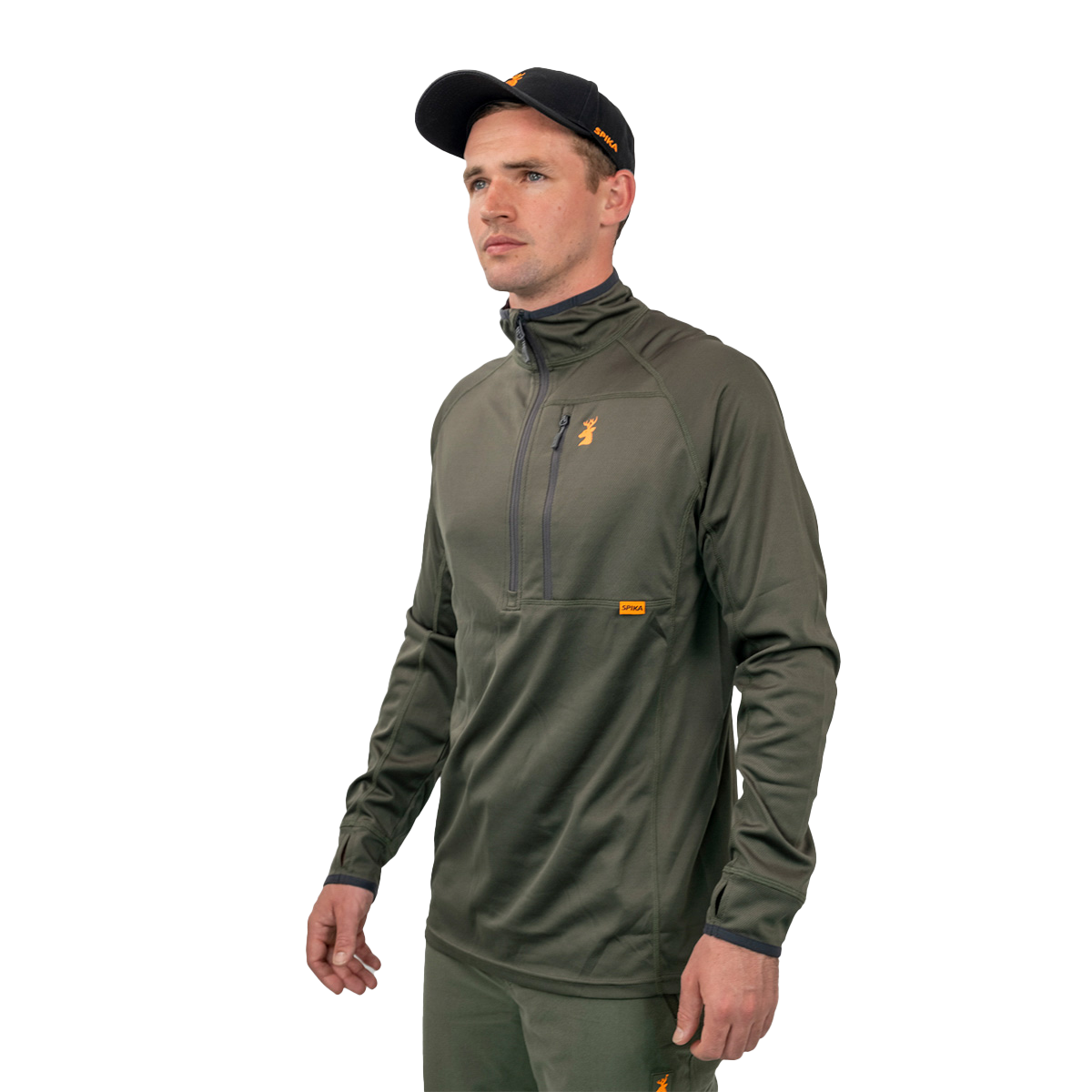 Man wearing the Spika Guide men's lightweight top in Olive, three-quarter view with cap