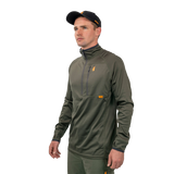 Man wearing the Spika Guide men's lightweight top in Olive, three-quarter view with cap