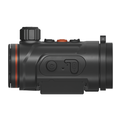 ThermTec Hunt Pro 635 thermal clip-on, side profile of power and function buttons above rail mount