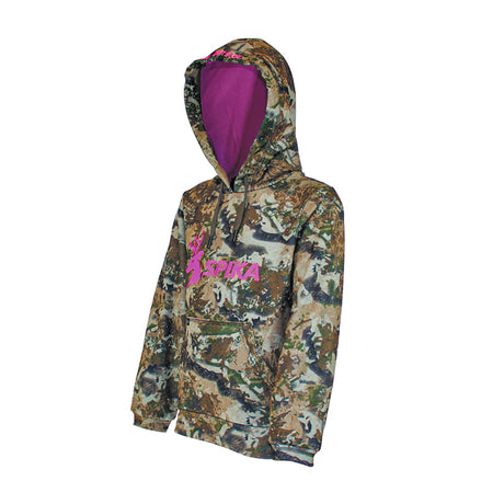 Spika GO Classic girls' Biarri Camo hoodie, three-quarter view with pink lining and SPIKA chest logo