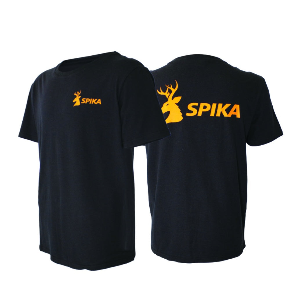 Spika GO Classic kids' T-shirt in black, front and back shown with orange stag SPIKA logos