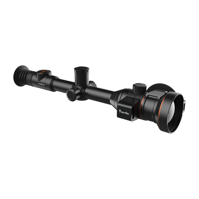 ThermTec Ares-LRF 360L 2.0 thermal tube scope, three-quarter front view with laser rangefinder module