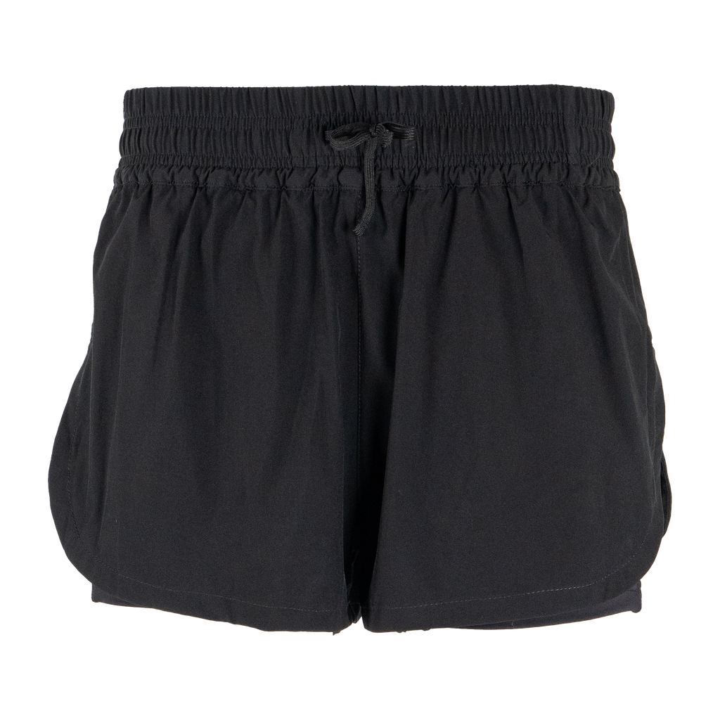 Spika Oxygen women's running shorts in Black, front view with elastic drawcord waist