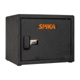 Spika SPK key pistol safe, Category H, black with orange Spika logo, three-quarter view