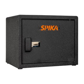 Spika SPK key pistol safe, Category H, black with orange Spika logo, three-quarter view
