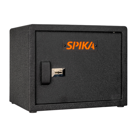 Spika SPK key pistol safe, Category H, black with orange Spika logo, three-quarter view