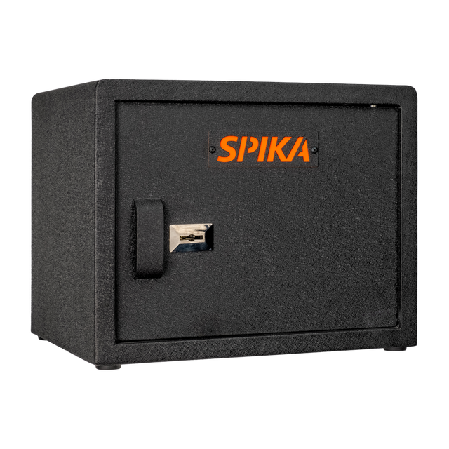 Spika SPK key pistol safe, Category H, black with orange Spika logo, three-quarter view