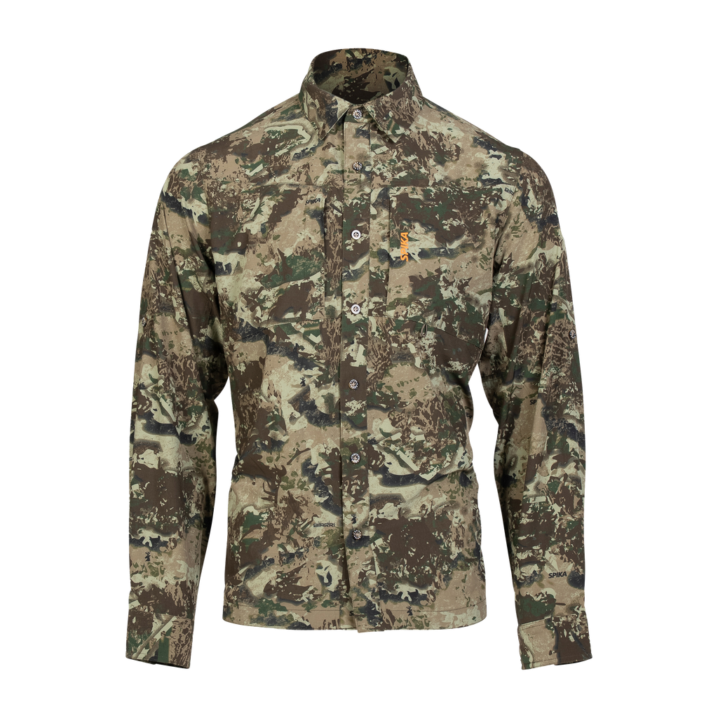 Spika Overlander men's long sleeve hunting shirt in Biarri Camo, front view buttoned up