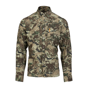 Spika Overlander men's long sleeve hunting shirt in Biarri Camo, front view buttoned up