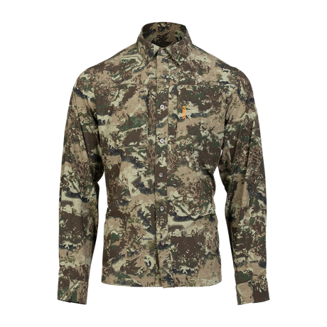 Spika Overlander men's long sleeve hunting shirt in Biarri Camo, front view buttoned up