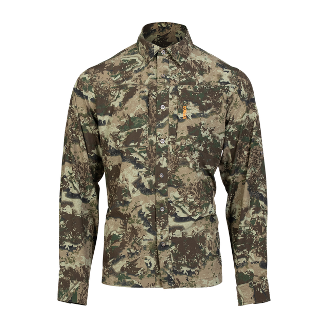 Spika Overlander men's long sleeve hunting shirt in Biarri Camo, front view buttoned up