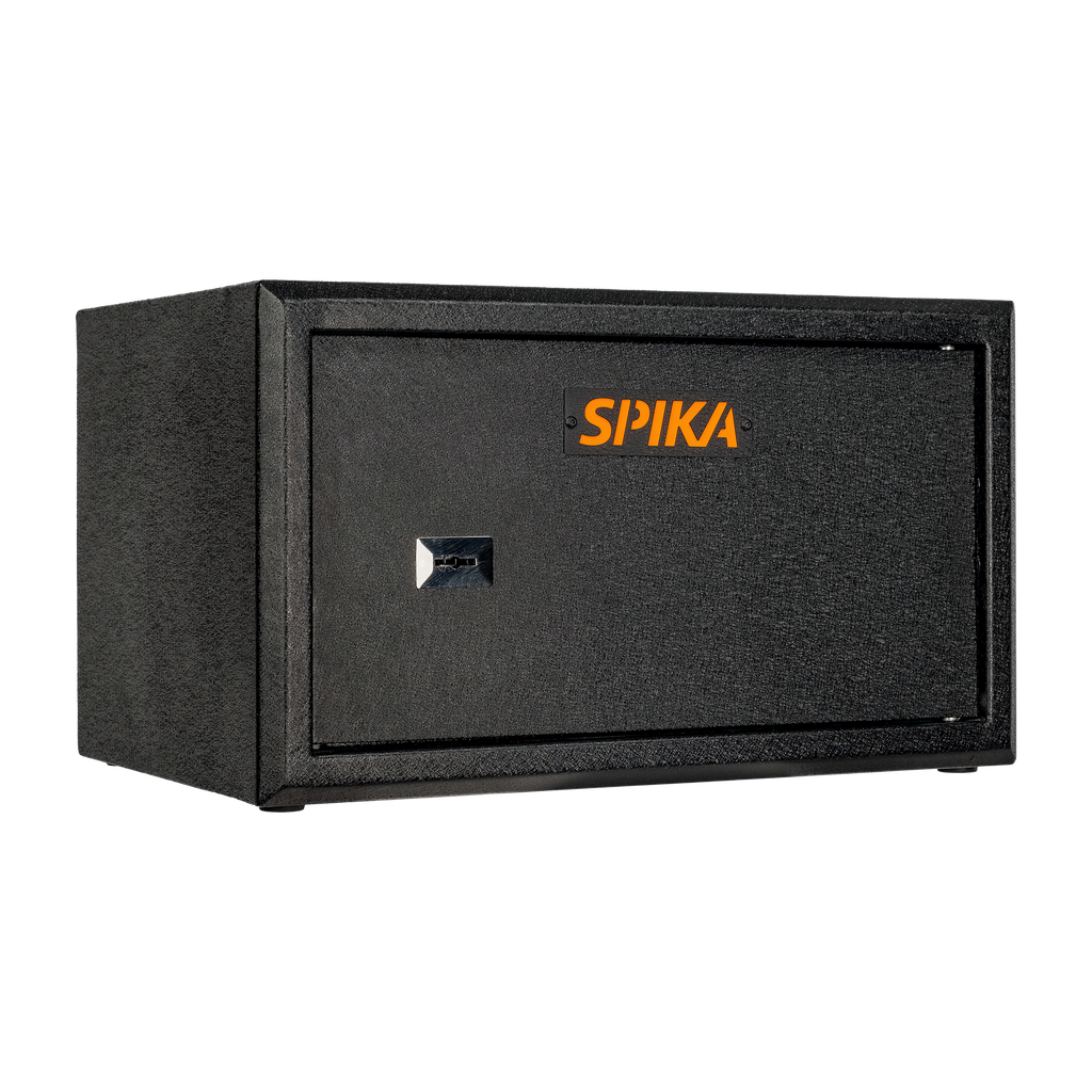 Spika S3A large ammo safe addition in black with orange Spika logo, three-quarter view