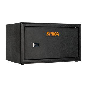 Spika S3A large ammo safe addition in black with orange Spika logo, three-quarter view