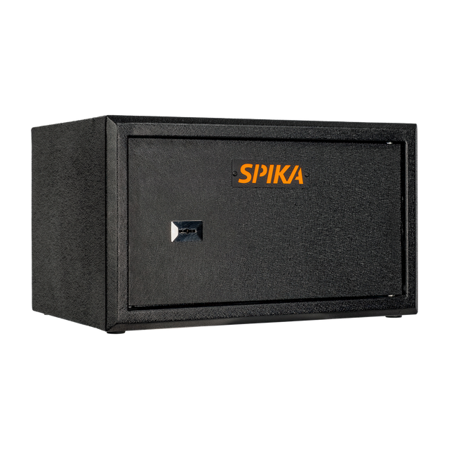 Spika S3A large ammo safe addition in black with orange Spika logo, three-quarter view