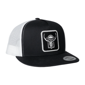 Spika High Country Sambar patch trucker cap in Black/White, three-quarter view with flat brim