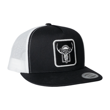 Spika High Country Sambar patch trucker cap in Black/White, three-quarter view with flat brim