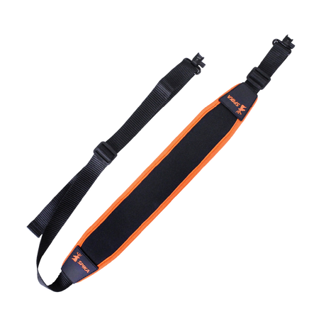 Spika Alpine Sling Pro rifle sling, black padded neoprene with orange trim, Spika logos and swivels
