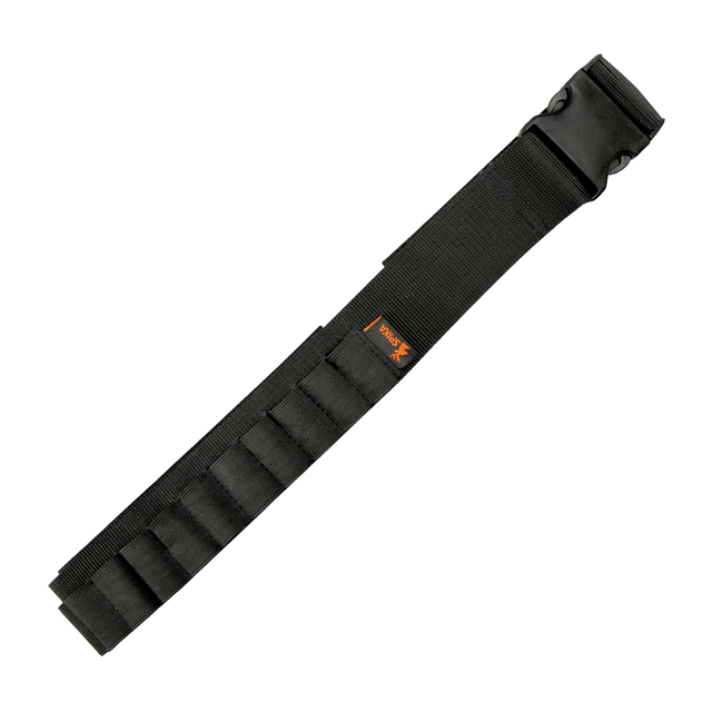 Spika shotgun ammo belt in black webbing with sewn cartridge loops and quick-release buckle