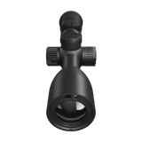 ThermTec IBEX 335L thermal tube scope in black, front end-on view of objective lens and turrets