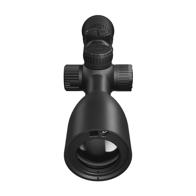 ThermTec IBEX 335L thermal tube scope in black, front end-on view of objective lens and turrets