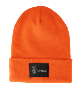 Spika Summit adult cuffed knit beanie in Blaze Orange with black Spika deer logo patch