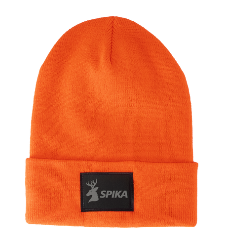 Spika Summit adult cuffed knit beanie in Blaze Orange with black Spika deer logo patch