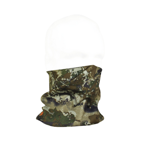 Spika Revolution v2 adult neck gaiter in Biarri Camo worn pulled up over the nose on a mannequin