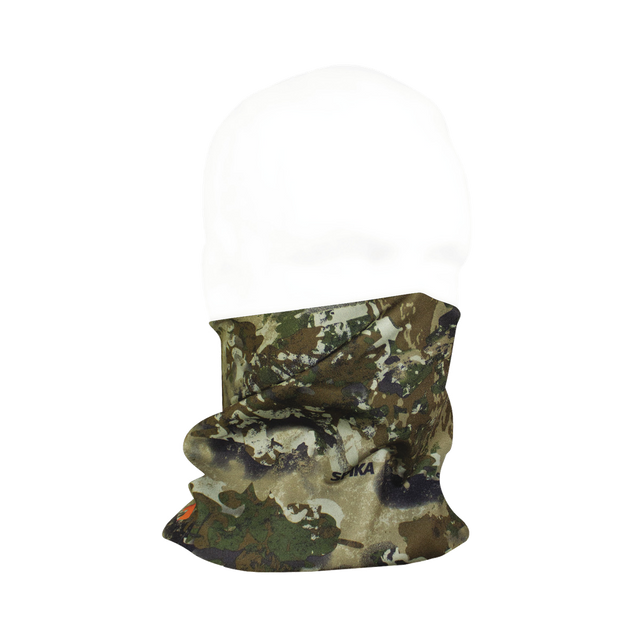 Spika Revolution v2 adult neck gaiter in Biarri Camo worn pulled up over the nose on a mannequin