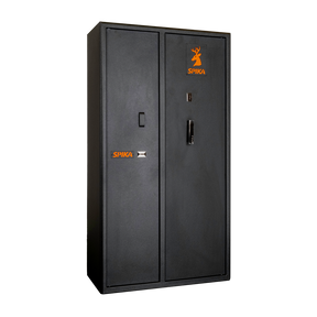 Spika SDD double door 9-gun safe, Category A/B, black with orange logo, three-quarter view
