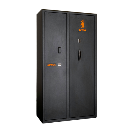 Spika SDD double door 9-gun safe, Category A/B, black with orange logo, three-quarter view
