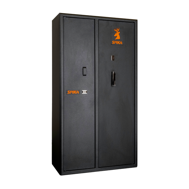 Spika SDD double door 9-gun safe, Category A/B, black with orange logo, three-quarter view